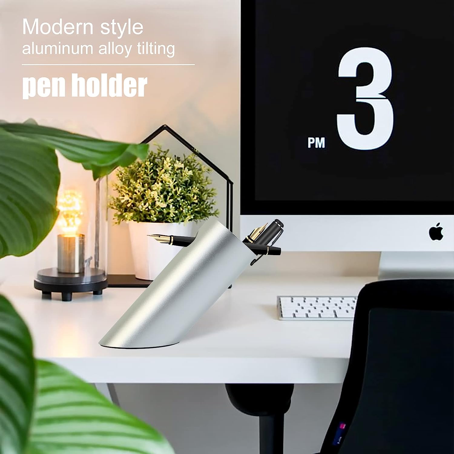 KayYuki Office Modern Art Pen Holder Aluminum Alloy Tilt Pen Holder Handicraft Office Desktop Accessories Pencil Cup Office Storage Pen Cup（Silver） - Image 6